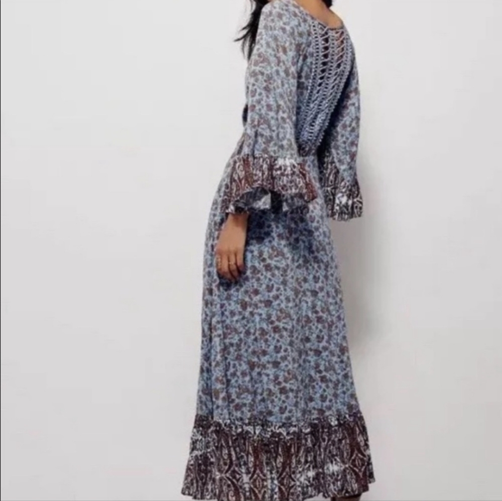 Free People All Mixed Up Lace Up Flare Sleeve Ruffle Hem Maxi Boho Dress 6 - Picture 5 of 15